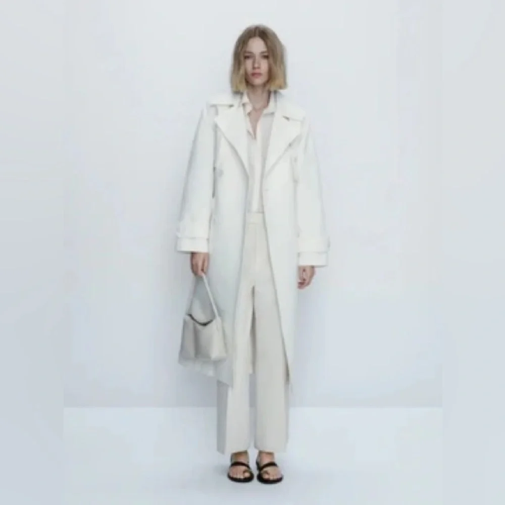 Massimo Dutti trench coat duster casual classic cream off-white with belt - Picture 8 of 12